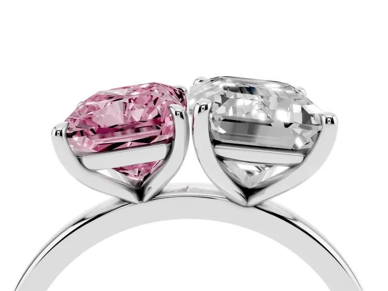Fancy Pink Radiant Cut and Emerald Cut Toi Moi Ring Set in Silver with Prong Setting