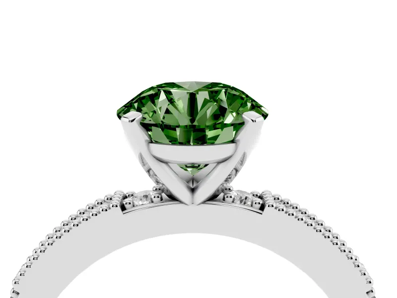 Fancy Green Round Cut Diamond Solitaire Ring Set in White gold with Slim Pavé Band and Prong Setting