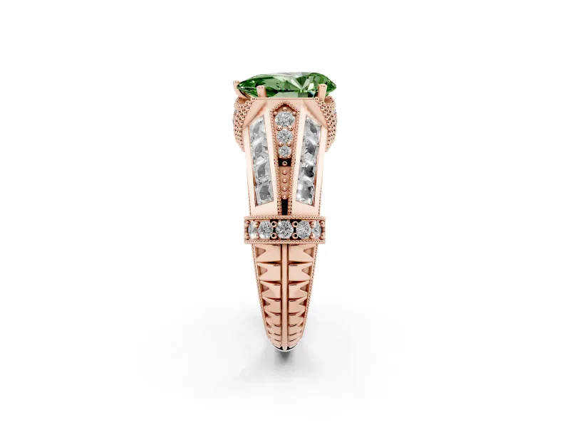 Fancy Green Pear Cut Diamond Vintage-Inspired Milgrain Ring Set in Rose gold with Accent Split Shank