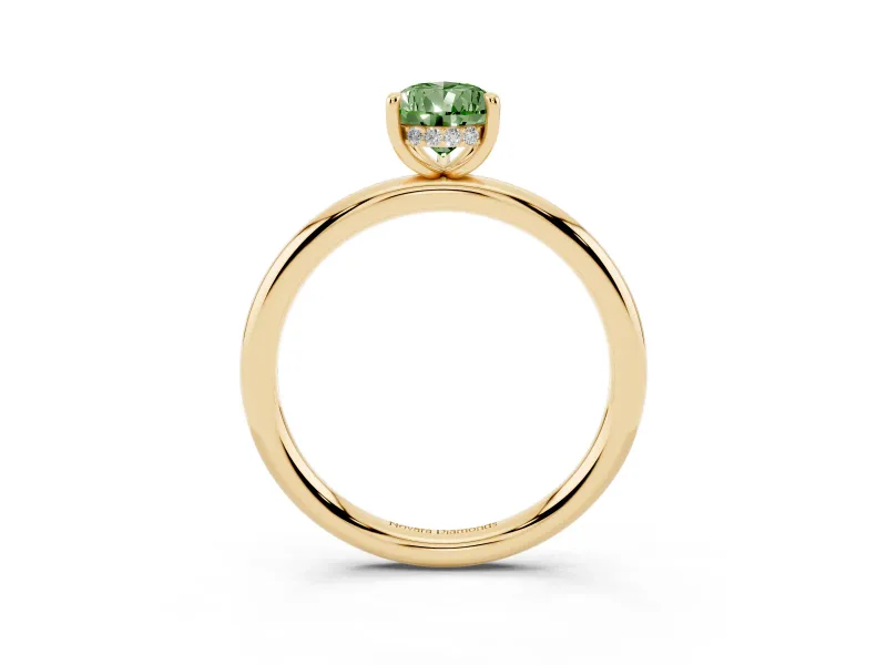 Fancy Green Pear Cut Diamond Solitaire Ring Set in Yellow gold with Thin Band and Prong Setting