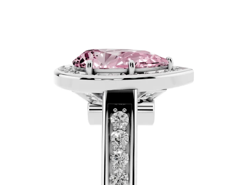 Fancy Pink Pear Cut Diamond Halo Solitaire Ring Set in Silver with Pavé Band and Bezel Setting