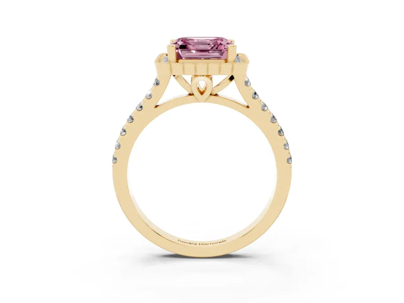 Asscher Cut Milgrain Floral Halo Engagement Ring Setting for a Fancy Pink Lab-Grown Diamond | Pavé Band | Yellow Gold