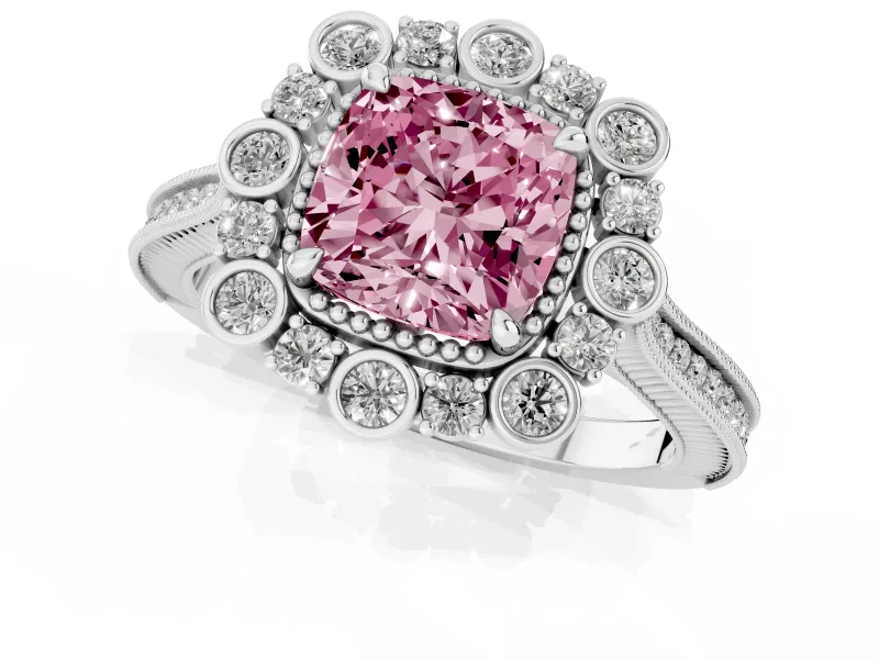 Fancy Pink Cushion Cut Diamond Halo Milgrain Pavé Ring Set in Platinum with Prong Setting