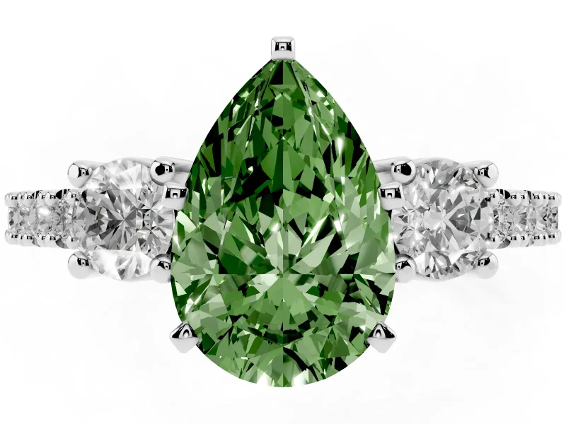 Fancy Green Three-Stone Pear Cut Diamond Pavé Band Ring Set in Platinum with Prong Setting