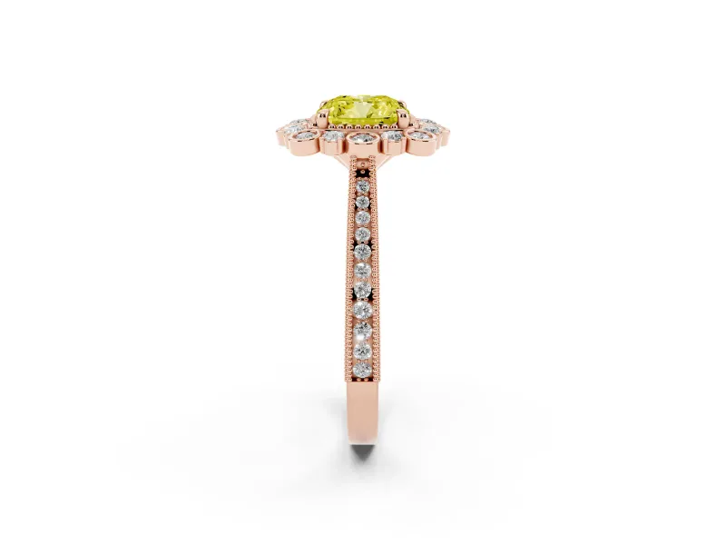 Fancy Yellow Cushion Cut Diamond Halo Milgrain Pavé Ring Set in Rose gold with Prong Setting