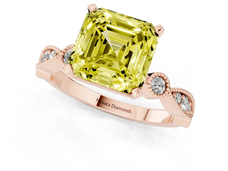 Fancy Yellow Asscher Cut Diamond Solitaire Engagement Ring Set in Rose gold with Milgrain Bezel Accent Band