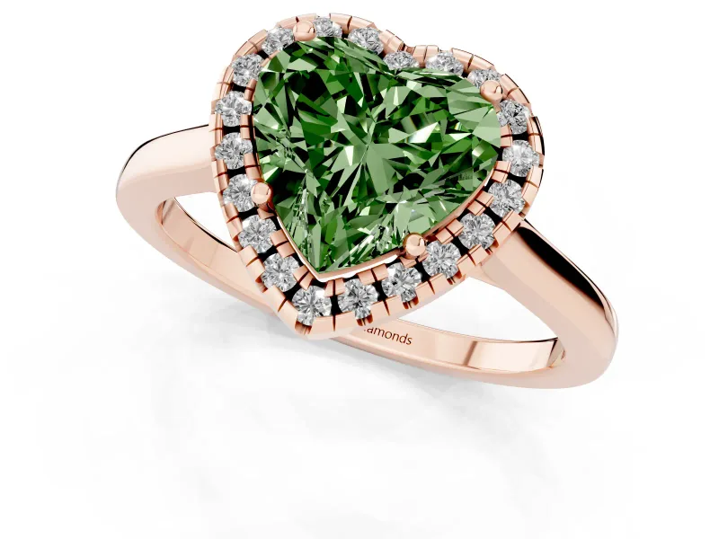 Fancy Green Heart Cut Halo Round Diamond Solitaire Ring Set in Rose gold with Pavé Band and Prong Setting