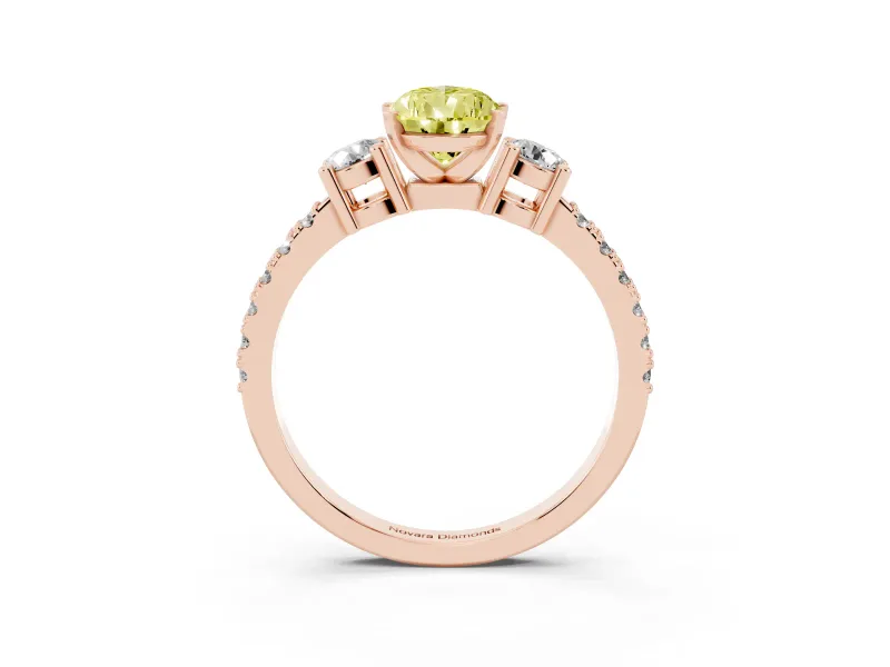 Fancy Yellow Three-Stone Pear Cut Diamond Pavé Band Ring Set in Rose gold with Prong Setting