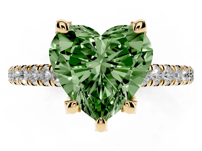 Heart-Shaped Hidden Halo Pave Engagement Ring Setting for a Fancy Green Lab-Grown Diamond | Claw Prongs | Yellow Gold
