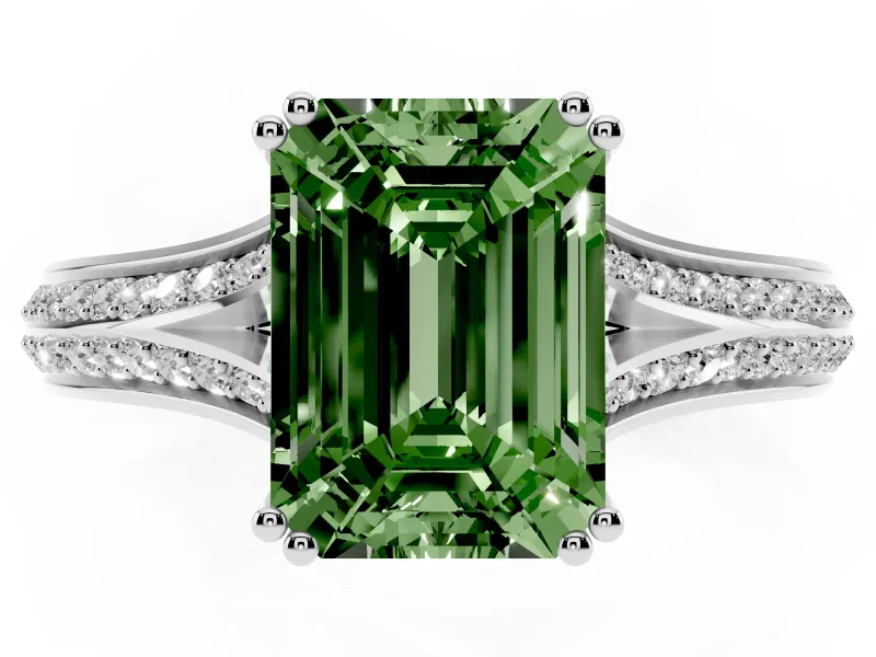 Emerald Cut Pave Split Shank Engagement Ring Setting for a Fancy Green Lab-Grown Diamond | Double Claw Prongs | Platinum