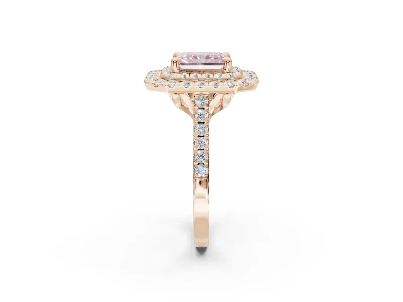 Radiant Cut Double Halo Engagement Ring Setting for a Fancy Pink Lab-Grown Diamond | Pave Shoulders | Rose Gold
