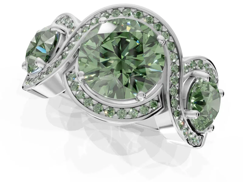 Round Three Stone Halo Engagement Ring Setting for a Fancy Green Lab-Grown Diamond | Pavé Wave Band | Sterling Silver