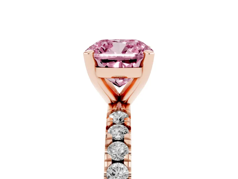 Fancy Pink Cushion Cut Diamond Pavé Band Solitaire Set in Rose gold with Prong Setting