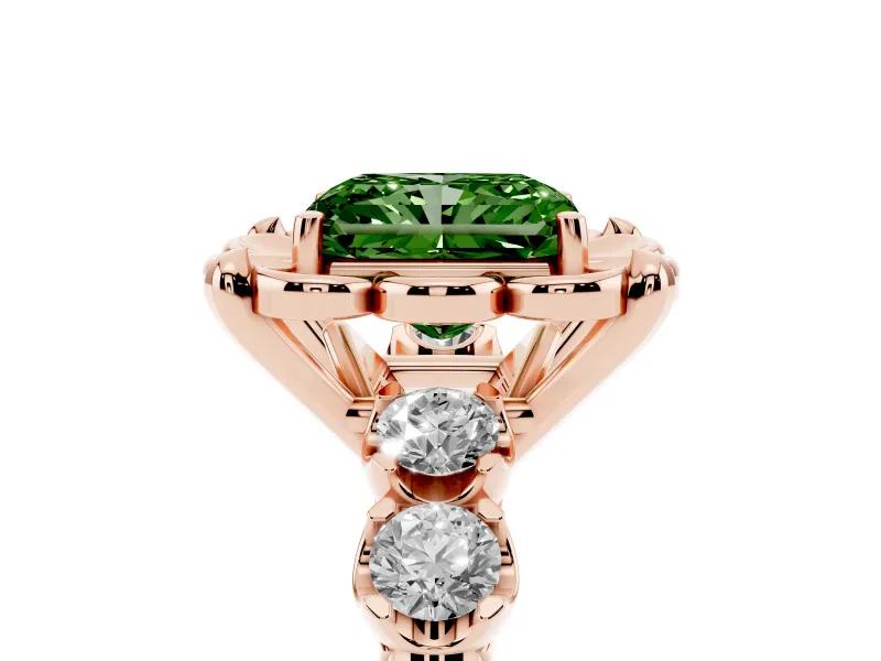 Fancy Green Radiant Cut Diamond Floral Halo Ring Set in Rose gold with Shared Prong Band