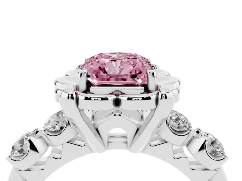 Fancy Pink Radiant Cut Diamond Floral Halo Ring Set in Silver with Shared Prong Band