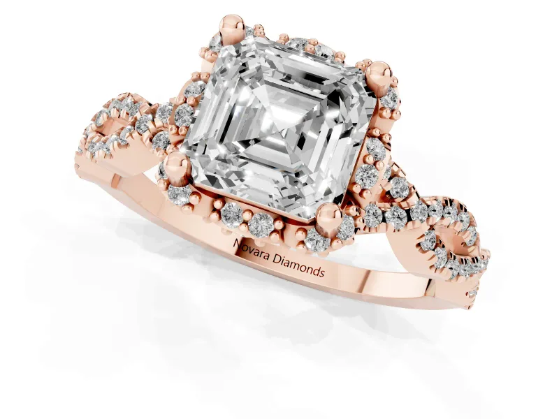 Asscher Cut Diamond Halo Twist Band Solitaire Ring Set in Rose gold with Prong-Set Center Stone