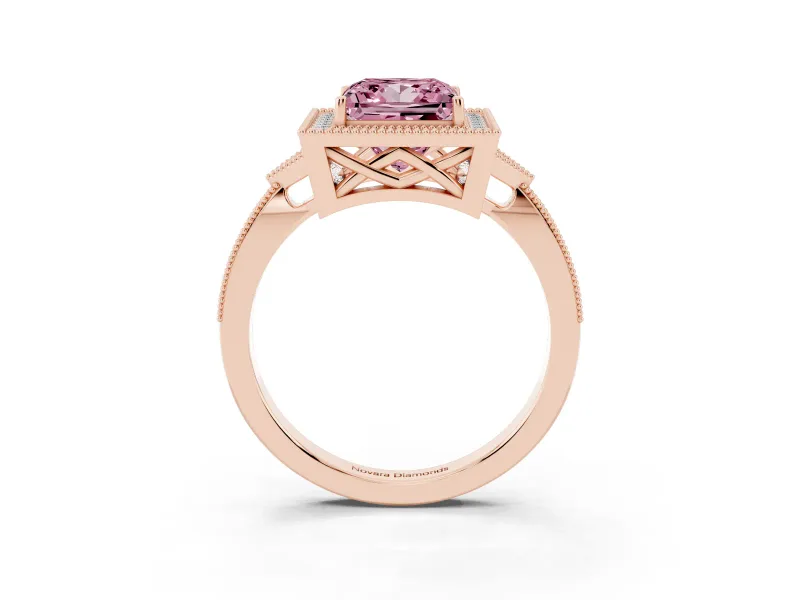 Fancy Pink Princess Cut Diamond Halo Engagement Ring Set in Rose gold with Milgrain Pavé Band