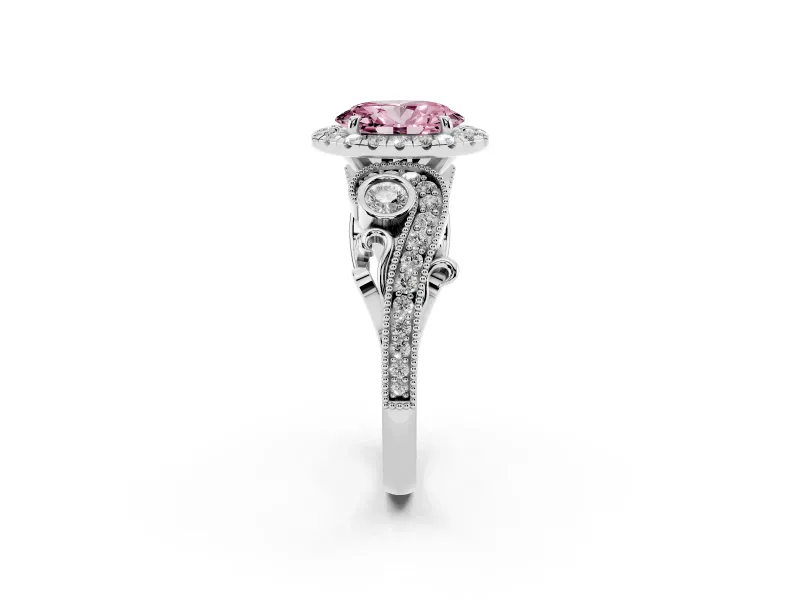 Fancy Pink Oval Cut Diamond Halo Ring Set in Silver with Milgrain Pavé Band and Prong Setting