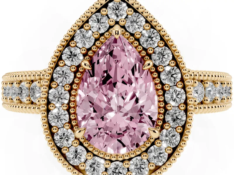 Pear-Shaped Milgrain Halo Engagement Ring Setting for a Fancy Pink Lab-Grown Diamond | Carved Leaf Detail | Yellow Gold