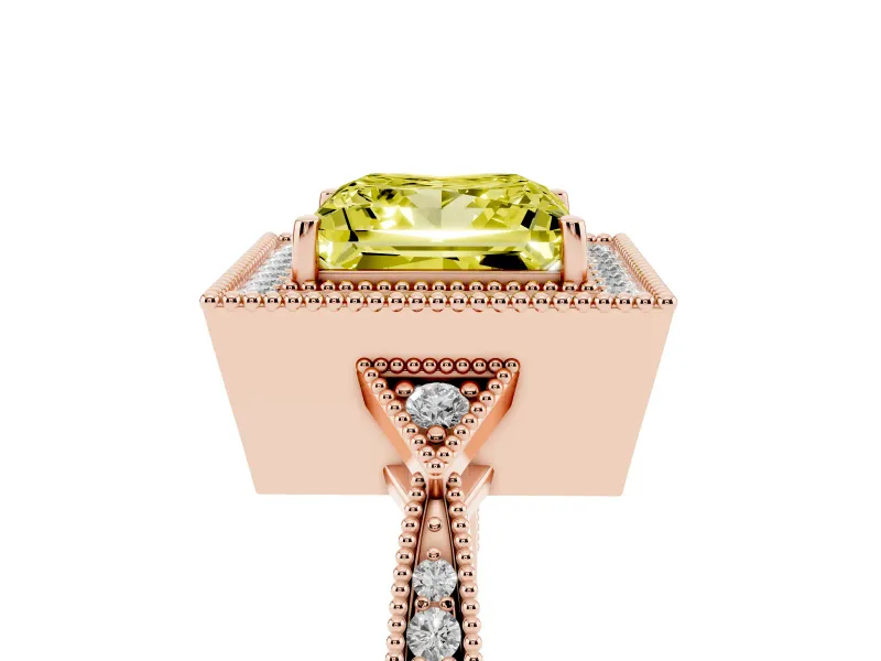 Fancy Yellow Princess Cut Diamond Halo Engagement Ring Set in Rose gold with Milgrain Pavé Band
