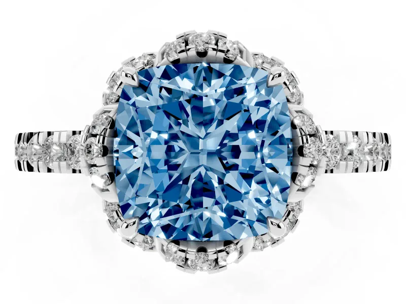 Fancy Blue Cushion Cut Diamond Halo Pavé Band Ring Set in White gold with Prong-Held Center