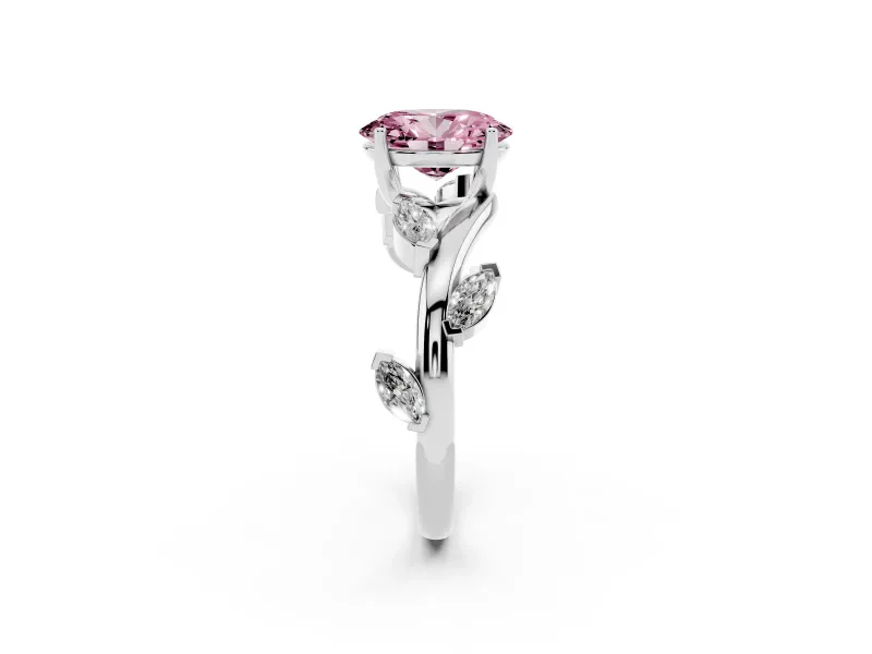 Fancy Pink Oval Cut Diamond Solitaire Ring Set in White gold with Twisted Marquise Accent Band