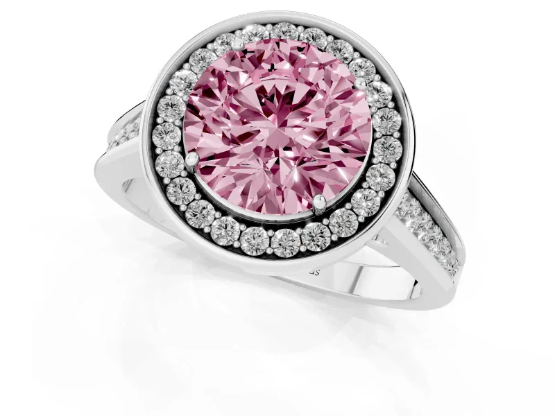 Round Rimmed Halo Engagement Ring Setting for a Fancy Pink Lab-Grown Diamond | Sterling Silver