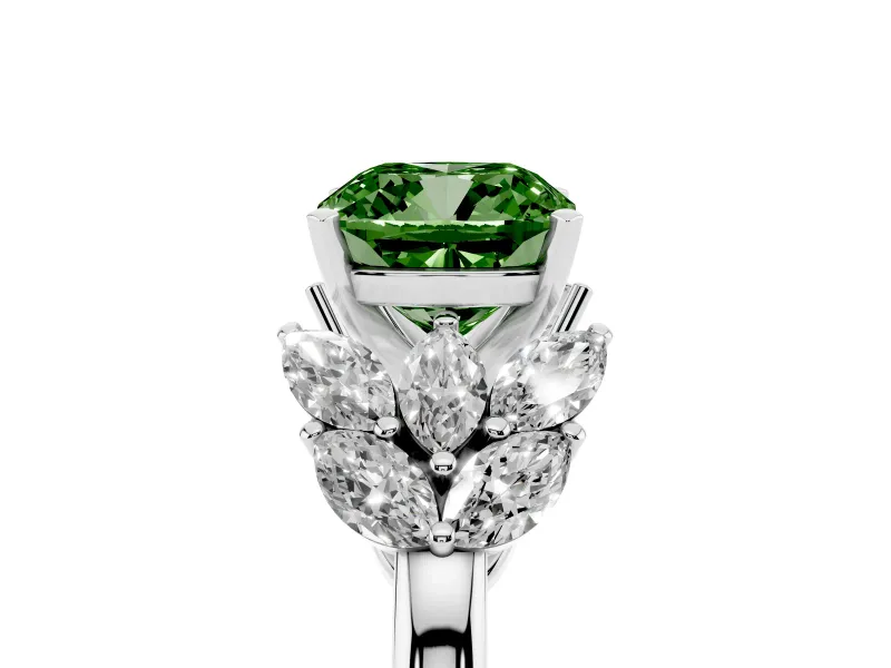 Fancy Green Cushion Cut Diamond Cluster Leaf Design Ring Set in Silver with Prong Setting