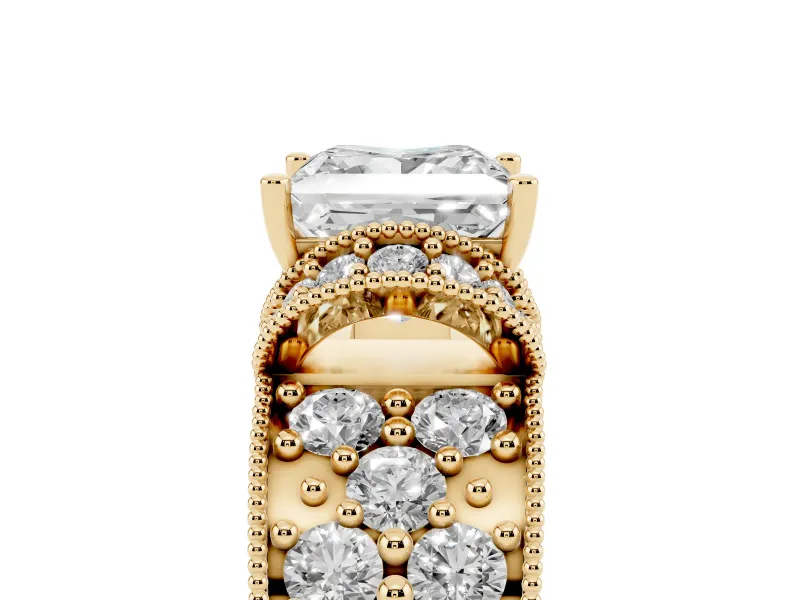 Princess Cut Vintage Milgrain Pave Engagement Ring Setting | Crescent Side Rows | Yellow Gold