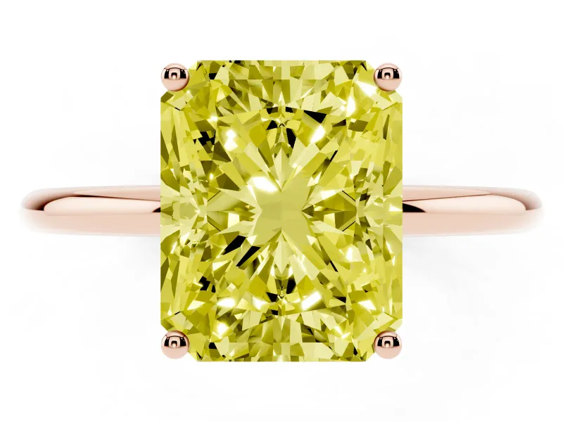Fancy Yellow Radiant Cut Diamond Solitaire Engagement Ring Set in Rose gold with Thin Band and Prong Setting