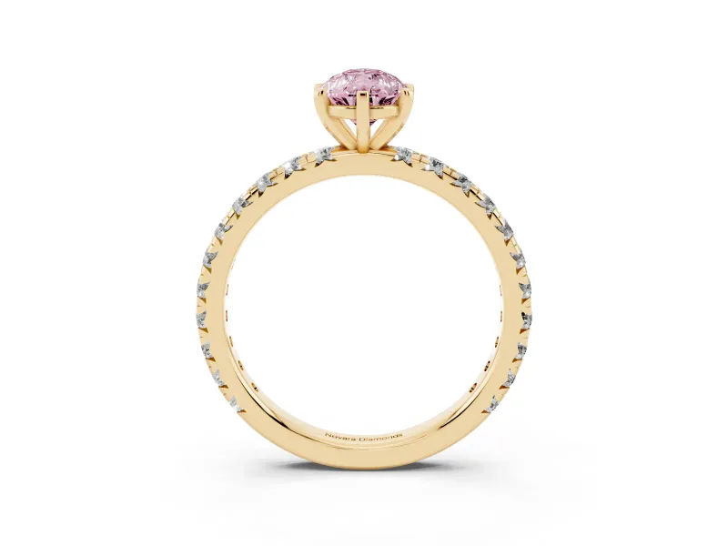 Fancy Pink Pear Cut Diamond Pavé Solitaire Ring Set in Yellow gold with Round Band and Prong Setting