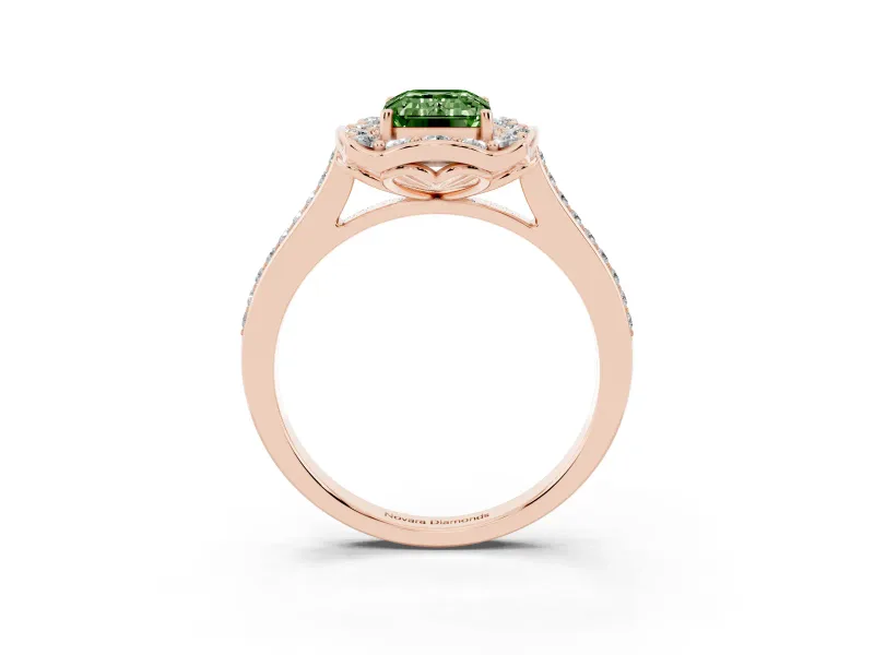 Emerald Cut Petal Tip Halo Engagement Ring Setting for a Fancy Green Lab-Grown Diamond | Pavé Band | Rose Gold