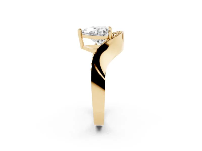 Heart-Shaped Bypass Solitaire Engagement Ring Setting | Pavé Ribbon | Yellow Gold