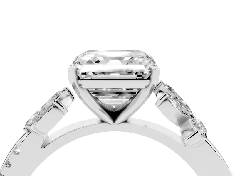 Asscher Cut Diamond Floral Vine Solitaire Engagement Ring Set in Platinum with Marquise Leaves