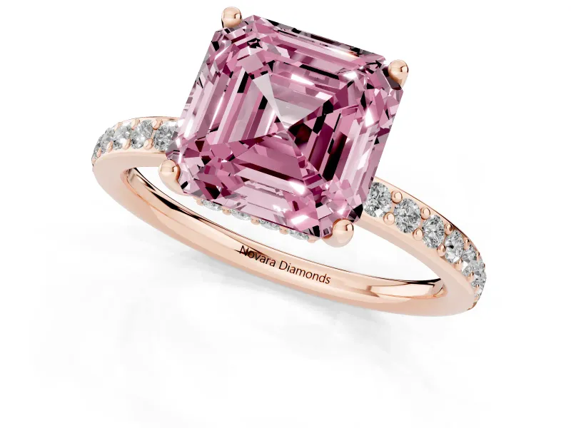 Fancy Pink Asscher Cut Diamond Pavé Band Ring Set in Rose gold with Prong-Set Center Stone