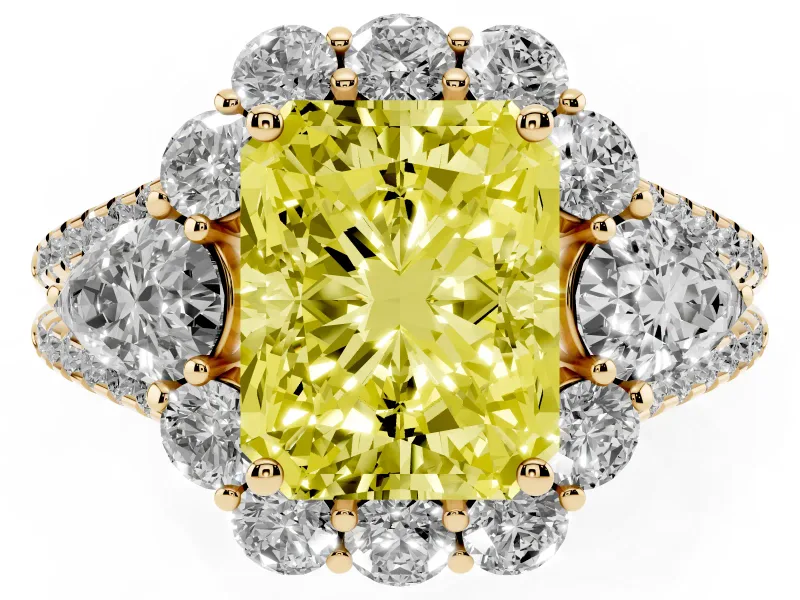 Radiant Cut Scalloped Halo Engagement Ring Setting for a Fancy Yellow Lab-Grown Diamond | Pear Side Stones | Yellow Gold