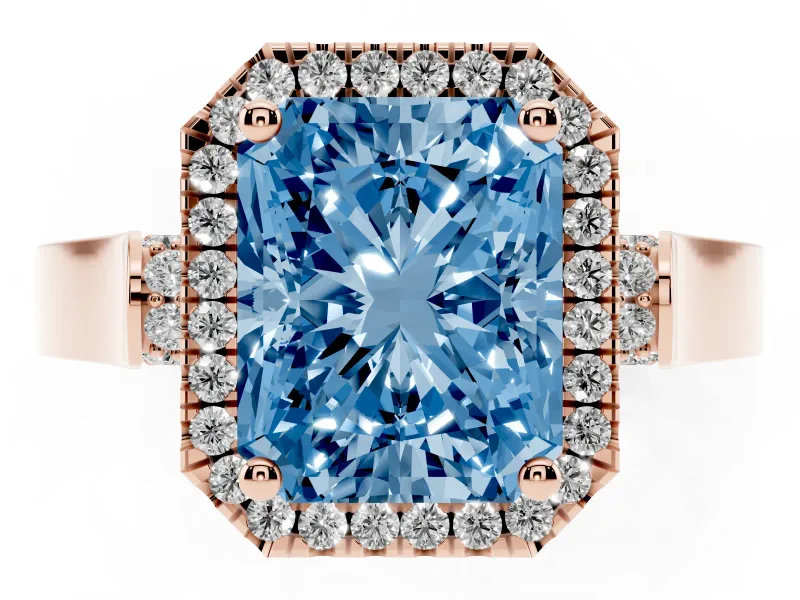 Radiant Cut Halo Engagement Ring Setting for a Fancy Blue Lab-Grown Diamond | Pavé Panel Shoulders | Rose Gold