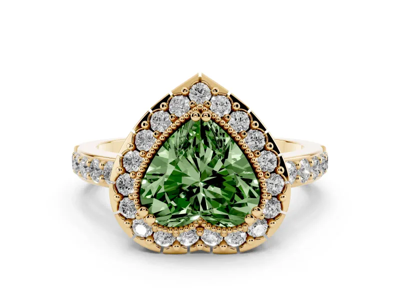 Fancy Green Heart Cut Diamond Halo Ring Set in Yellow gold with Pavé Shank and Prong Setting