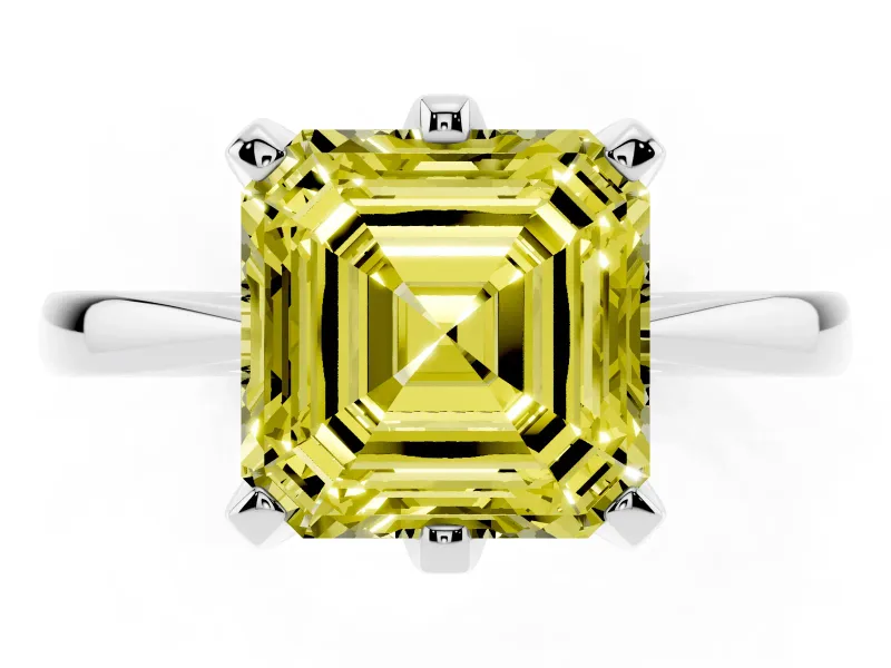 Fancy Yellow Asscher Cut Diamond Solitaire Engagement Ring Set in Silver with Slim Tapered Solitaire Band
