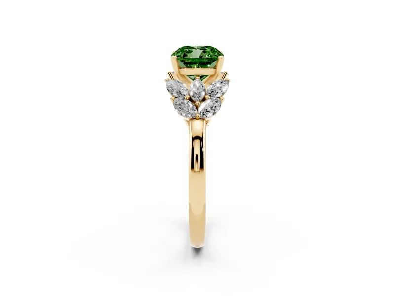 Cushion Cut Leaf Cluster Engagement Ring Setting for a Fancy Green Lab-Grown Diamond | Yellow Gold