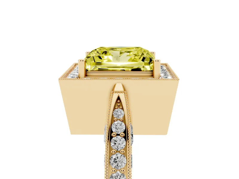 Princess Cut Milgrain Halo Engagement Ring Setting for a Fancy Yellow Lab-Grown Diamond | Side Stones | Yellow Gold