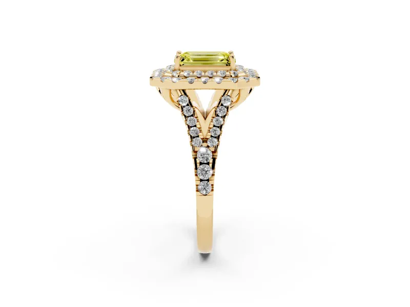 Emerald Cut Halo Split Shank Engagement Ring Setting for a Fancy Yellow Lab-Grown Diamond | Yellow Gold