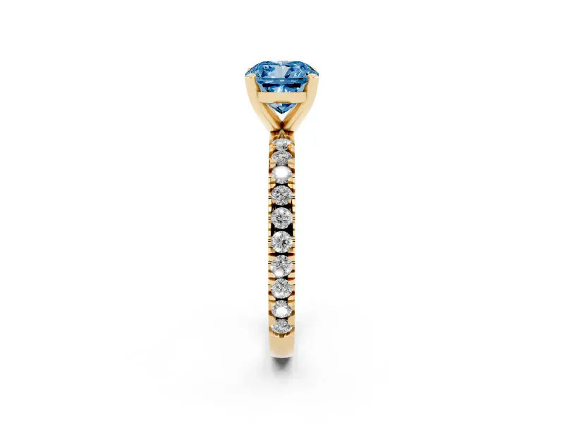 Fancy Blue Cushion Cut Diamond Pavé Band Solitaire Set in Yellow gold with Prong Setting