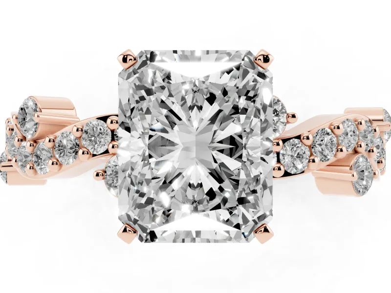 Radiant Cut Diamond Solitaire Twisted Band Set in Rose gold with Pavé Setting