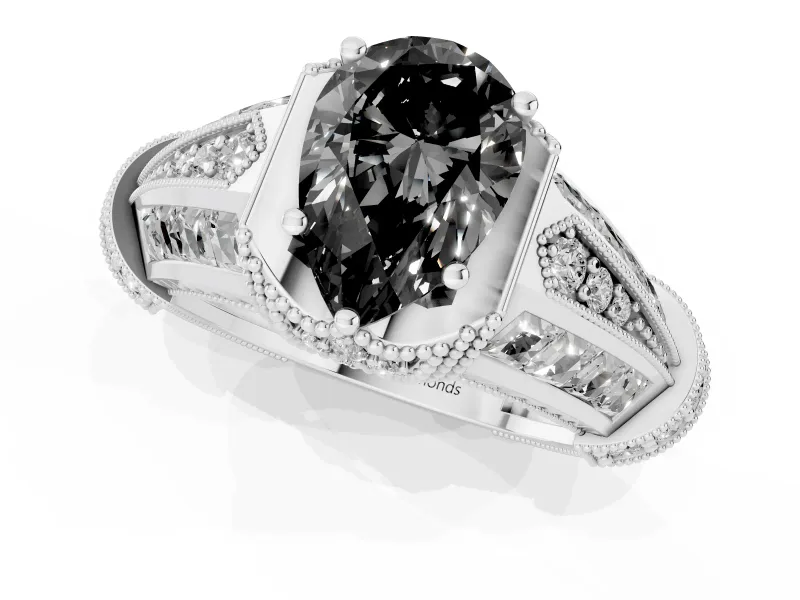 Fancy Black Pear Cut Diamond Vintage-Inspired Milgrain Ring Set in White gold with Accent Split Shank