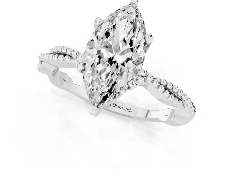 Marquise Cut Diamond Solitaire Ring Set in Platinum with Twisted Band and Bead Prong Setting