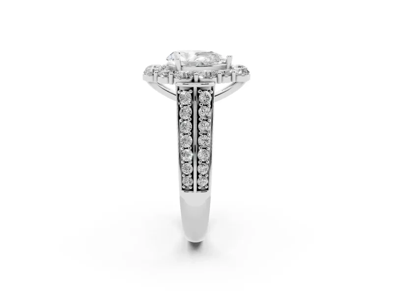 Pear Cut Diamond Halo Engagement Ring Set in Platinum with Split Shank and Prong Setting