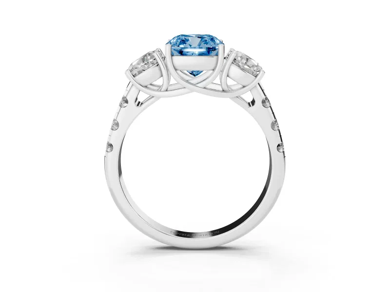 Fancy Blue Cushion Cut Diamond Three-Stone Ring Set in Silver with Pavé Band