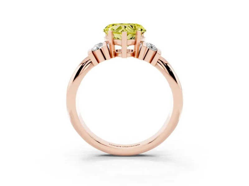 Fancy Yellow Three-Stone Heart Cut Diamond Channel Set Ring Set in Rose gold with Bar Prongs