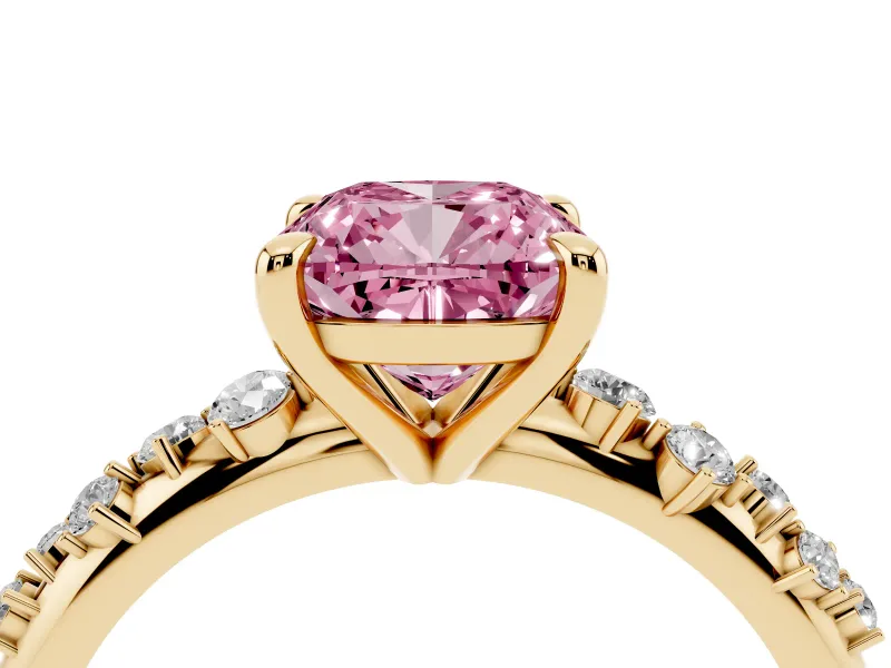 Fancy Pink Cushion Cut Diamond Solitaire Vine Band Ring Set in Yellow gold with Round Accents and Prong Setting